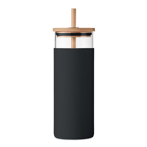 Reklamna staklena čaša sa silikonskom navlakom, poklopcem i slamkom od bambusa, 450 ml, crne boje | Promo pokloni | Reklamni pokloni