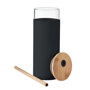 Promotivna staklena čaša sa silikonskom navlakom, poklopcem i slamkom od bambusa, 450 ml, crne boje | Promidžbeni pokloni | Reklamni pokloni