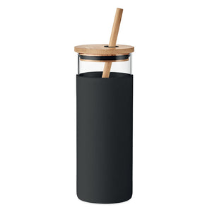 Promotivna staklena čaša sa silikonskom navlakom, poklopcem i slamkom od bambusa, 450 ml, crne boje | Promo pokloni | Reklamni pokloni