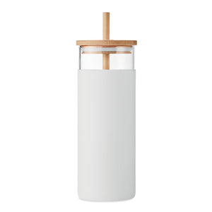 Reklamna staklena čaša sa silikonskom navlakom, poklopcem i slamkom od bambusa, 450 ml, bijele boje | Promidžbeni pokloni | Reklamni pokloni