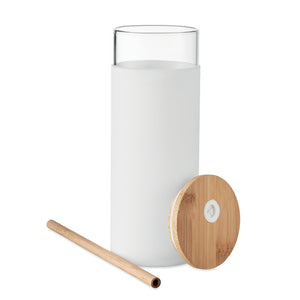 Promotivna staklena čaša sa silikonskom navlakom, poklopcem i slamkom od bambusa, 450 ml, bijele boje | Promo pokloni | Poslovni pokloni