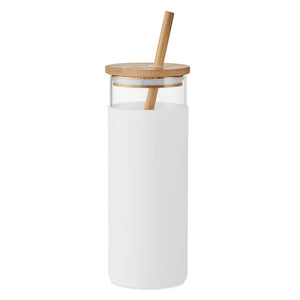 Promotivna staklena čaša sa silikonskom navlakom, poklopcem i slamkom od bambusa, 450 ml, bijele boje | Promo pokloni | Reklamni pokloni