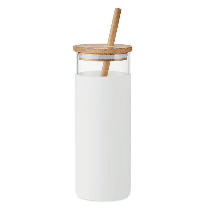 Staklena čaša sa silikonskom navlakom, poklopcem i slamkom od bambusa, 450 ml