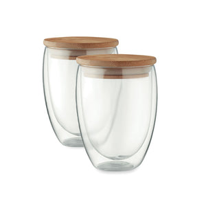 Eko set staklenih čaša s poklopcem od bambusa, 350 ml | Reklamni pokloni