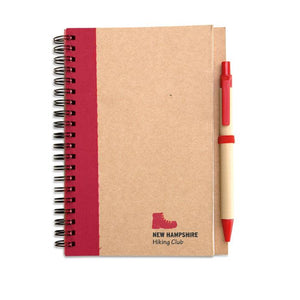 Promo spiralni eko notes sa eko kemijskom olovkom, crvene boje, s tiskom loga | Poslovni pokloni