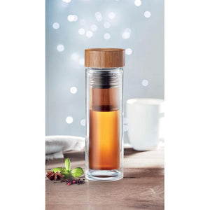 Promo staklena boca s dvostrukom stjenkom i infuzorom za čaj, 420ml, s tiskom loga | Poslovni pokloni