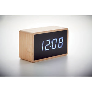 Eko poslovni pokloni | Promo LED sat s budilicom u kućištu od bambusa, za lasersku gravuru loga