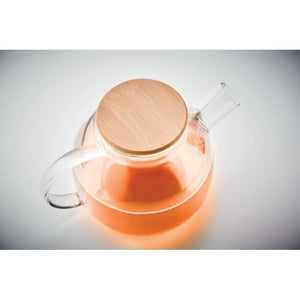 Eko poslovni pokloni | Reklamni čajnik od borosilikatnog stakla, 850ml, sa poklopcem od bambusa