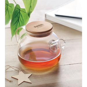 Eko poslovni pokloni | Reklamni čajnik od borosilikatnog stakla, 850ml, s laserskom gravurom na poklopac