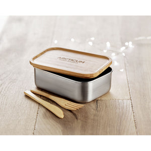 Eko poslovni pokloni | Promotivna kutija za ručak od čelika i bambusa, s laserskom gravurom na poklopac