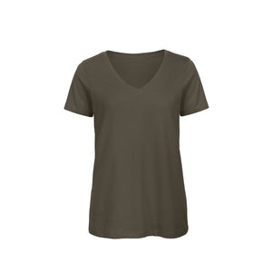 Eko poslovni pokloni | Promotivna ženska t-shirt V-izrez majica od organskog pamuka, 140gsm, khaki boje, za tisak loga