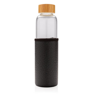 Promotivna staklena boca s bambus čepom i navlakom od PU materijala, crne boje | Poslovni pokloni