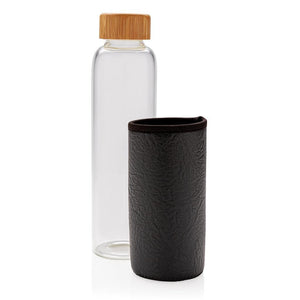Promidžbena staklena boca s bambus čepom i navlakom od PU materijala, crne boje | Poslovni pokloni