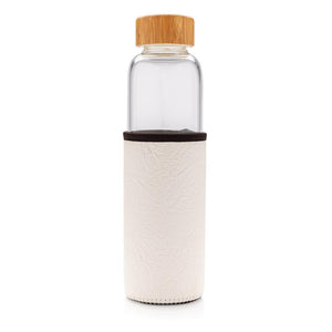 Promotivna staklena boca s bambus čepom i navlakom od PU materijala, bijele boje | Poslovni pokloni