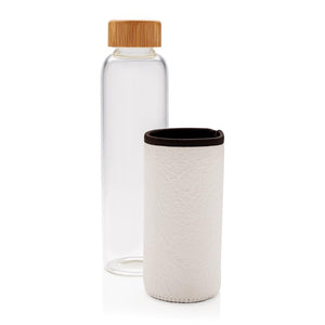 Promidžbena staklena boca s bambus čepom i navlakom od PU materijala, bijele boje | Poslovni pokloni