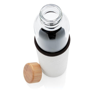 Promotivna staklena boca s bambus čepom i navlakom od PU materijala, bijele boje, za tisak loga | Poslovni pokloni