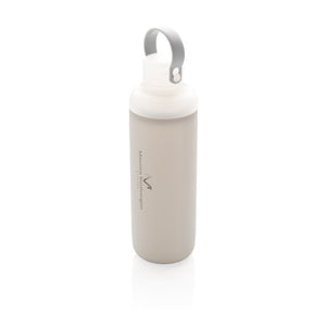 Promotivna staklena boca sa silikonskom navlakom, 500ml, sive boje, s laserskom gravurom loga | Poslovni pokloni