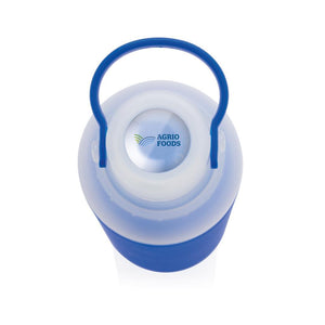 Promotivna staklena boca sa silikonskom navlakom, 500ml, plave boje, s tiskom loga | Poslovni pokloni