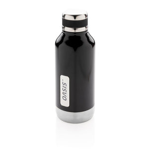 Nepropusna promotivna termos boca s metalnom pločicom za logo, 500ml, crne boje, s tiskom loga | Poslovni pokloni