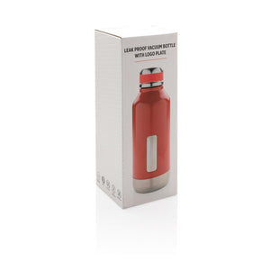 Nepropusna promotivna termos boca s metalnom pločicom za logo, 500ml, crvene boje, u poklon pakiranju | Poslovni pokloni
