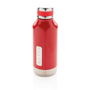 Nepropusna promotivna termos boca s metalnom pločicom za logo, 500ml, crvene boje, s tiskom loga | Poslovni pokloni