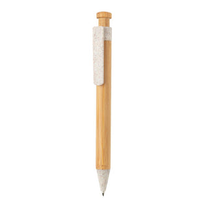 Promotivna eko kemijska olovka od bambusa s klipsom od pšenične slame, bijele boje