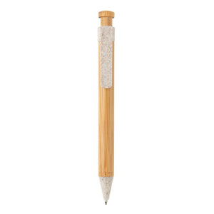 Promotivna eko kemijska olovka od bambusa s klipsom od pšenične slame, bijele boje, za tisak loga