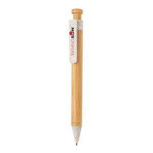 Promotivna eko kemijska olovka od bambusa s klipsom od pšenične slame, bijele boje, s tiskom loga
