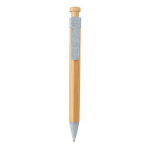 Promotivna eko kemijska olovka od bambusa s klipsom od pšenične slame, plave boje, za tisak loga