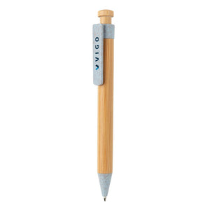 Promotivna eko kemijska olovka od bambusa s klipsom od pšenične slame, plave boje, s tiskom loga