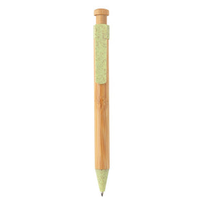 Promotivna eko kemijska olovka od bambusa s klipsom od pšenične slame, zelene boje, za tisak loga